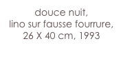 douce nuit,
lino sur fausse fourrure,
26 X 40 cm, 1993
