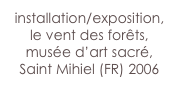 installation/exposition,
le vent des forêts,
musée d’art sacré,
Saint Mihiel (FR) 2006
